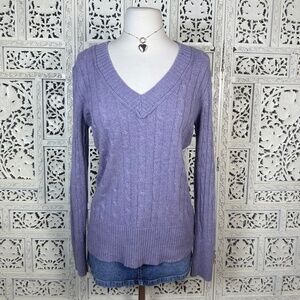 Ann Taylor Loft Dusty Purple Cable Knit Wool Angora Blend V Neck Sweater Sz‎ M